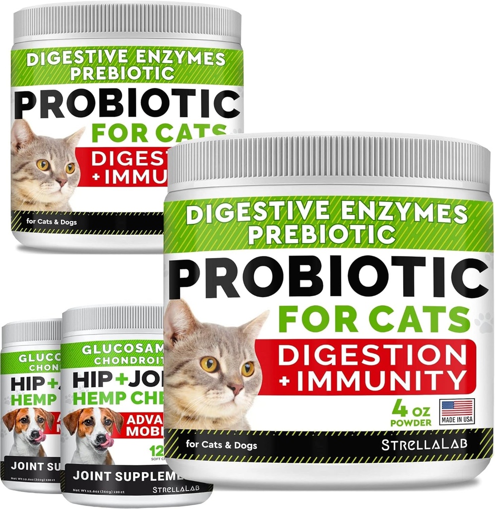 8oz Probióticos Polvo + 240ct Hemp Glucosamine Joint Supplement Bundle - Alivia la Diarrea + Alivio de Dolor Conjunto - Enzimas Digestivos + Prebióticos + Omega 3, Aceite de cáñamo + Condroitina, MSM - Hecho en EE.UU.