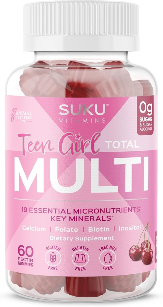SUKU Chica Adolescente Gummies multivitamina – Vitaminas A, B12, C, D3, E, Biotin " Zinc – Suplemento vegetariano libre de azúcar para la piel, energía, inmune " Bone Health – Cherry Flavor – 60 Con