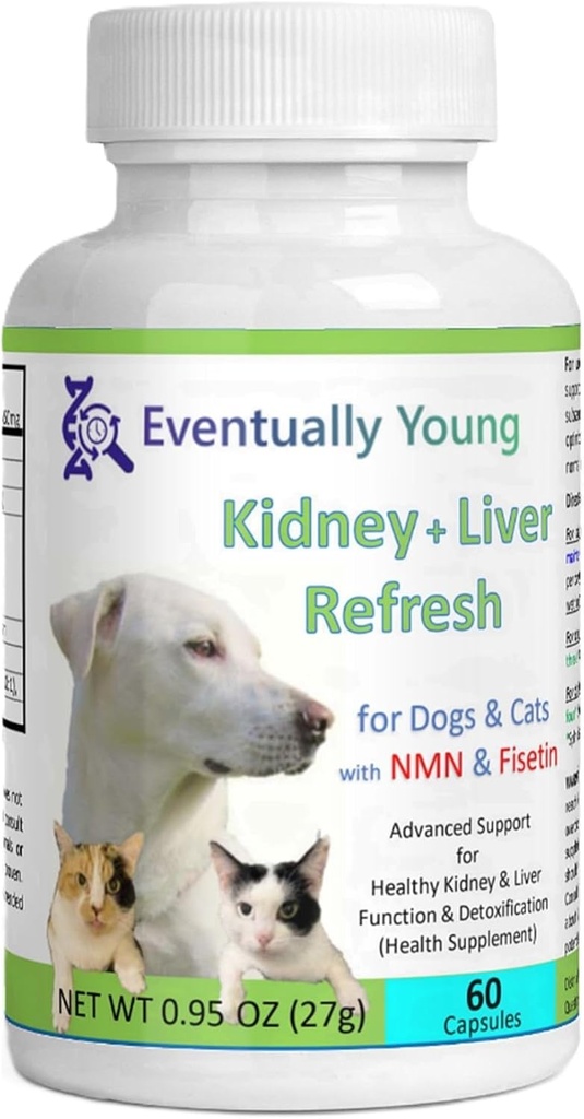 Eventualmente Young 12-in-1 Kidney Support Restore for Cats & Dogs: Super Phosphate Binder w/NMN, Fisetin, Antioxidants, Prebiotic &amp; Probiotic 4 Healthy Kidney & Liver Functions (60 Caps)