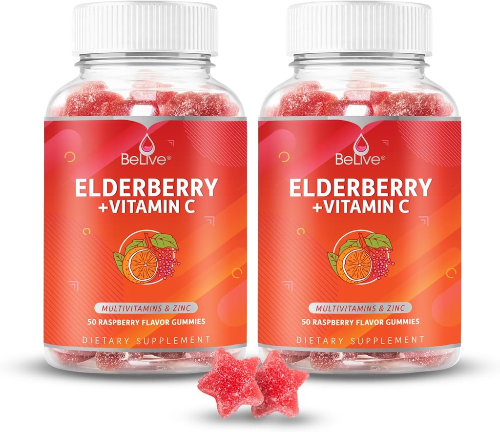 BeLive Elderberry Gummies with Zinc and Vitamin C - Immune Support Supplement with Vitamin D, A, E, B12 - Gummies for Healthy Bones & Teeth, Vegan, Keto & Non-GMO - Raspberry Flavor  durable 2-Pack