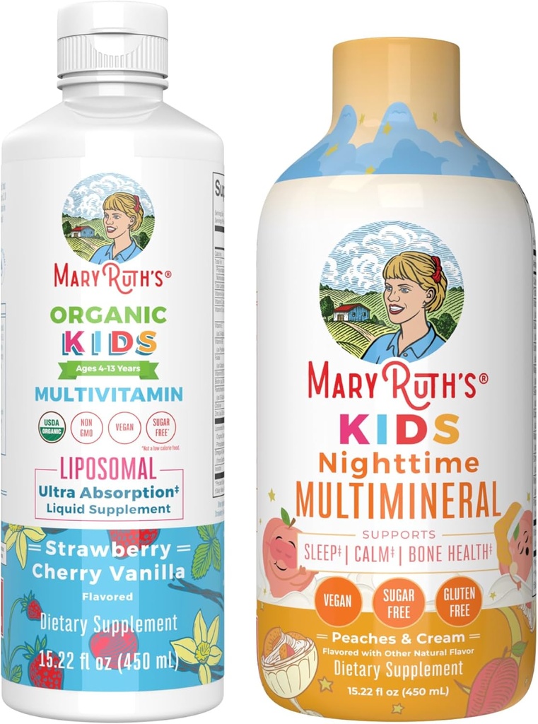 MaryRuth's Nighttime Multimineral (Peaches & Cream) y Multivitamin Liposomal (Strawberry Cherry &amp; Vanilla) para niños Silencio Clean Label Project Verified® ← Vegan Vitamins for Muslce Relaxation &amp; Global W