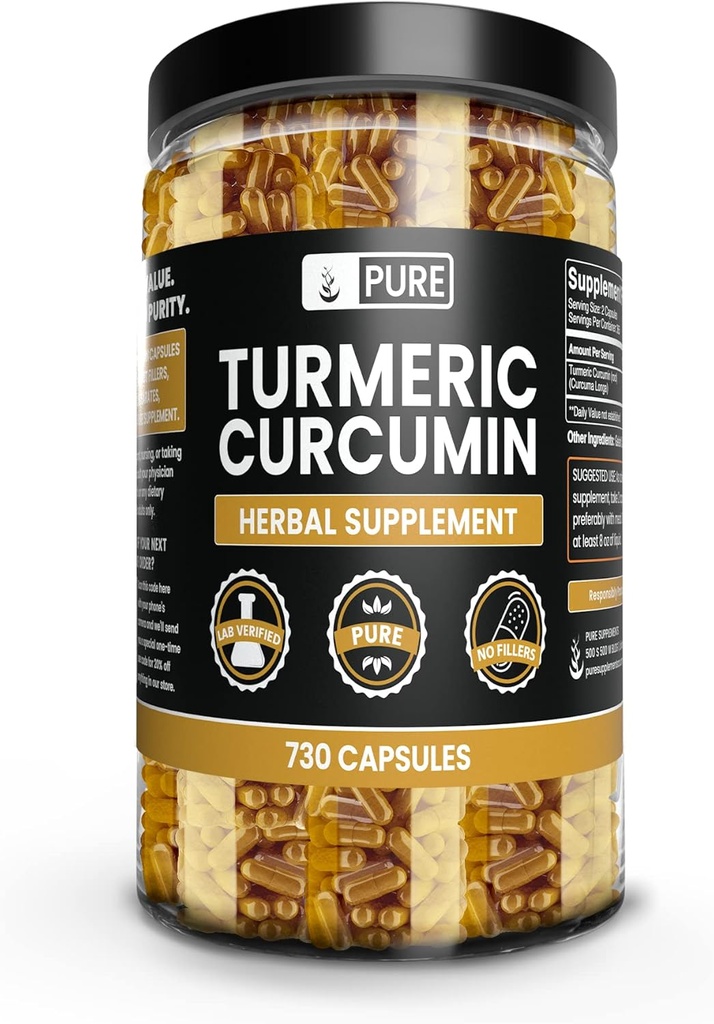 Ingredientes originales puros Curcumina Turmérica 730 Capsules No Magnesio O Tornillos, Siempre Puro, Lab Verificado