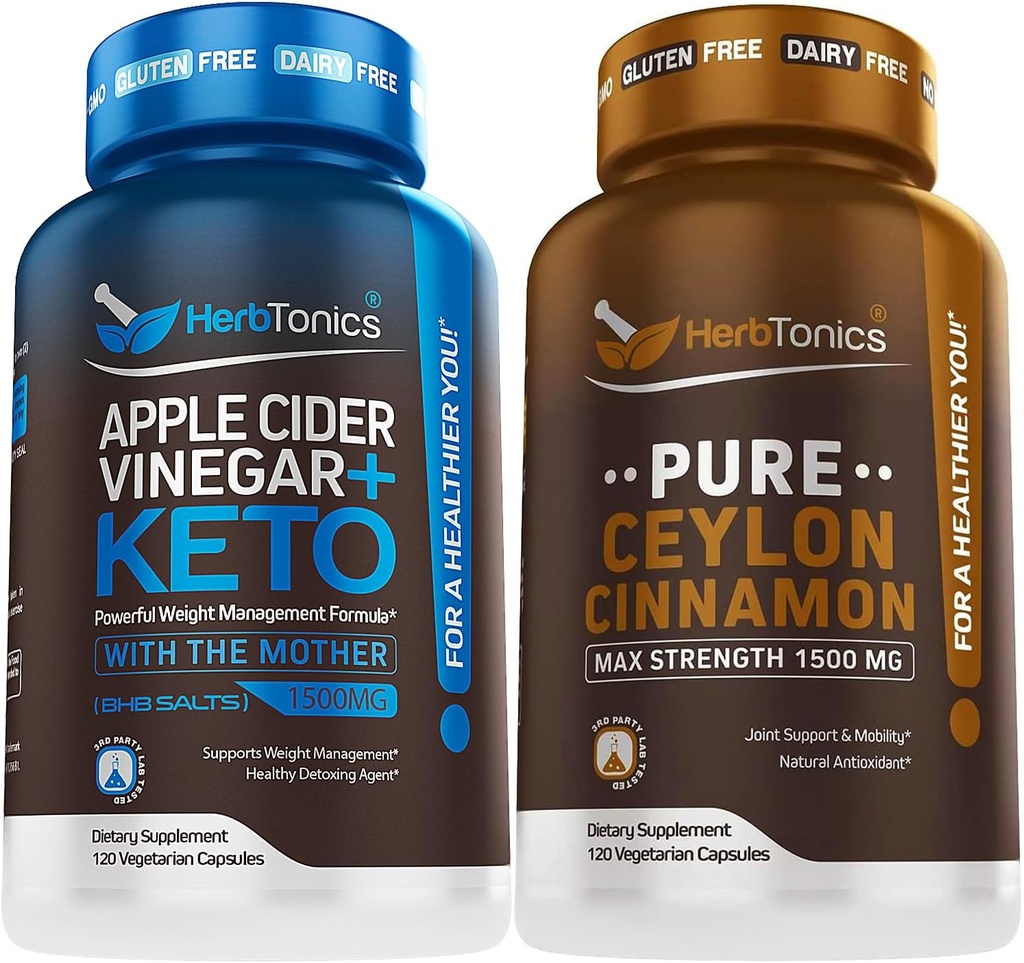 Herbtonics Apple Cider Vinegar Capsules Plus Keto BHB ← Fat Burner &amp; Weight Loss Suplemento para Hombres - Premium Ceylon Cinnamon Capsules - efectivas píldoras de canela para mejorar el bienestar