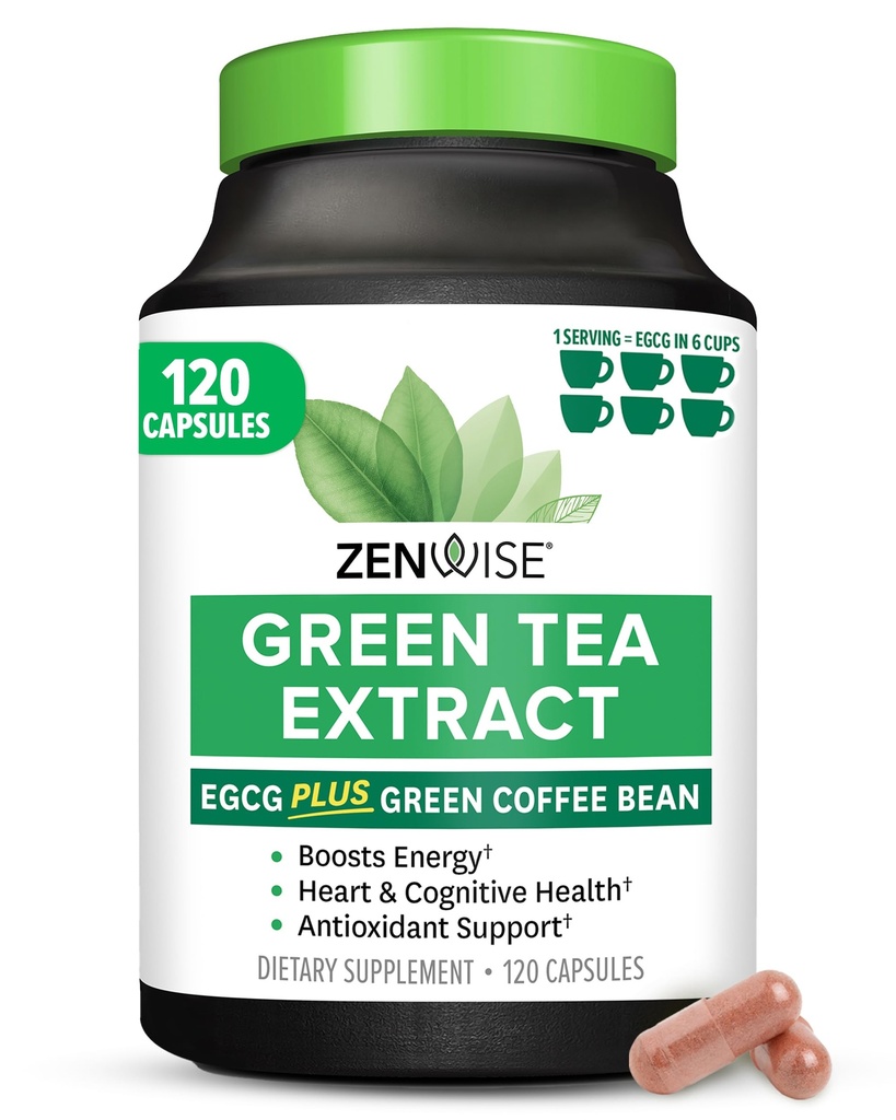 Zenwise Health Green Tea Extract Capsules for Men & Women - EGCG Supplement with Green Coffee Bean Extract Boosts Energy & Memory - Immune Support for Skin, Brain & Hearth Health - Vegan - 120 Count