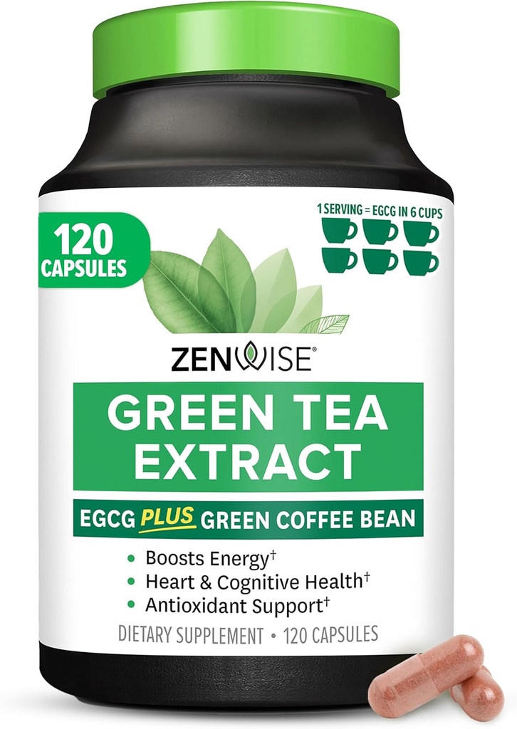 Zenwise Health Green Tea Extract Capsules for Men &amp; Women - EGCG Supplement with Green Coffee Bean Extract Boosts Energy & Memory - Immune Support for Skin, Brain & Hearth Health - Vegan - 120 Count