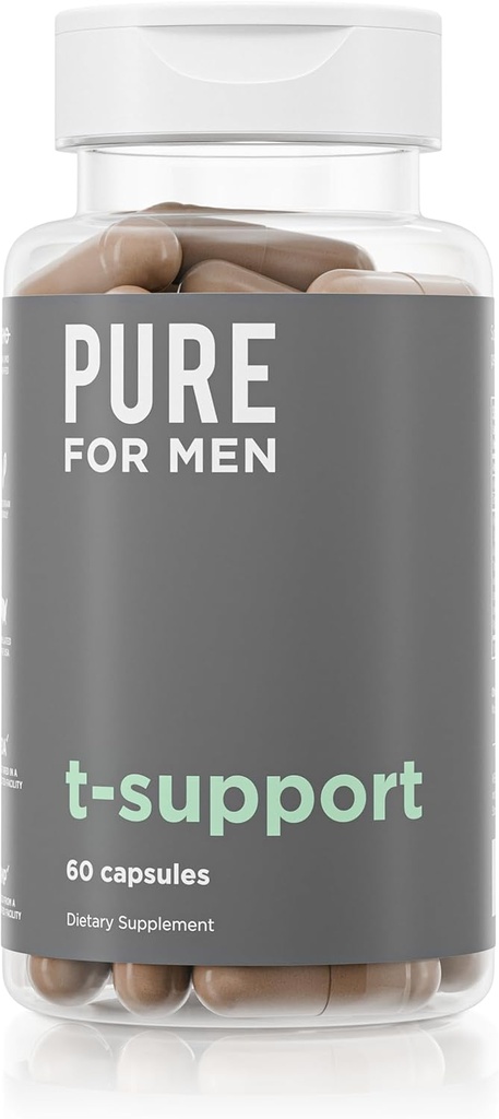 Puro para hombres T-Support Suplemento Silencio Vegetarian Apoyo Total para Hombres con Maca, Vitamina D, " Ashwagandha, Muscle Health ¦ Endurance, Strength, Focus, " Energy Support Ø 60 cápsulas
