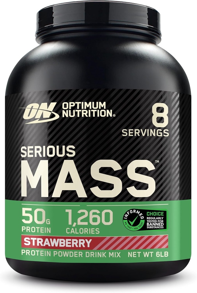 Optimum Nutrition Serious Mass, Weight Gainer Protein Powder, Mass Gainer, Vitamin C and Zinc for Immune Support, Creatine, Strawberry, 6 Pound (Packaging May Vary)