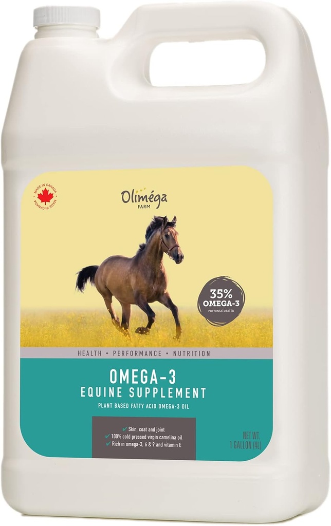 Camelina Oil for Horses, 1 Gallon by Olimega Farm ← High in Omega-3 &amp; Vitamina E Silencioso para las articulaciones saludables, Coat &amp; Skin ← Pure " Cold Pressed ← Joint Supplement latitud Made in Canada ← Non-GMO