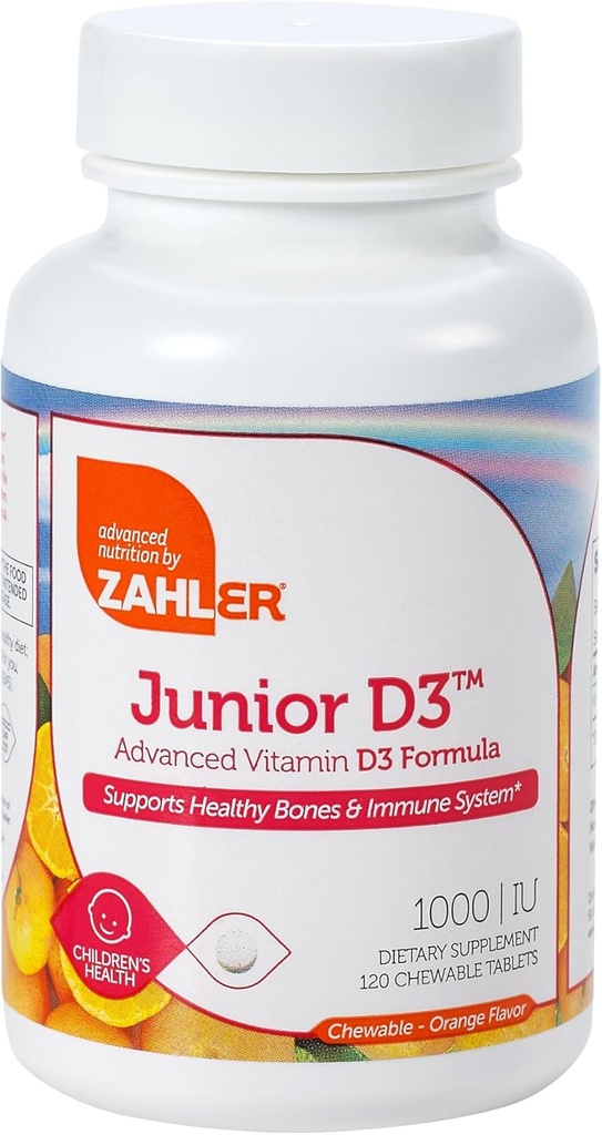 Zahler Junior D3 Chewable 1000IU, Niños Vitamina D, Gran Tasting Chewable Vitamina D para niños, Optimal Vitamina D3 1000 UI para niños,Certified Kosher, 240 Tablas Chewable