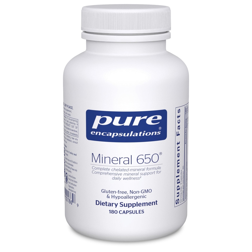 Encapsulaciones puras Mineral 650 ← Combinación hipoalergénica de Chelated habitMinerals  180 Capsules
