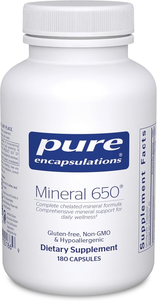 Encapsulaciones puras Mineral 650 ← Combinación hipoalergénica de Chelated habitMinerals  180 Capsules