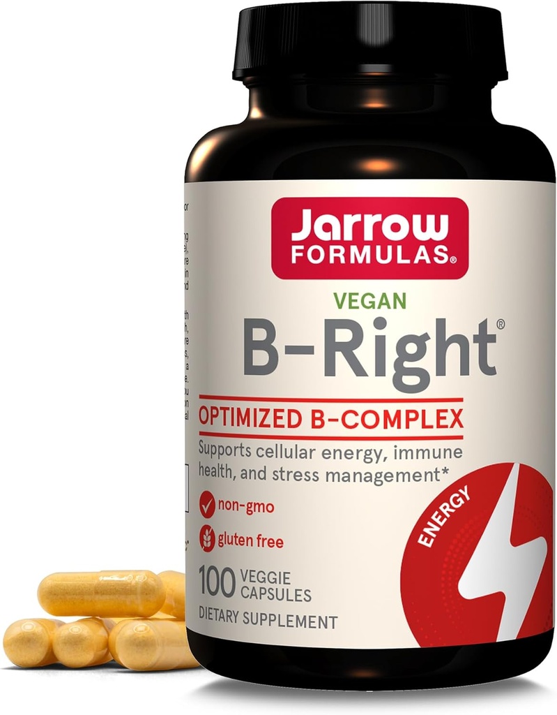 Fórmulas Jarrow B-Right - 100 Cápsulas Veggie - Fórmula B-Complex de bajo olor - Energy & Metabolism Support - Promueve Cerebro, Corazón &amp; Salud Cardiovascular - 100 Servimientos