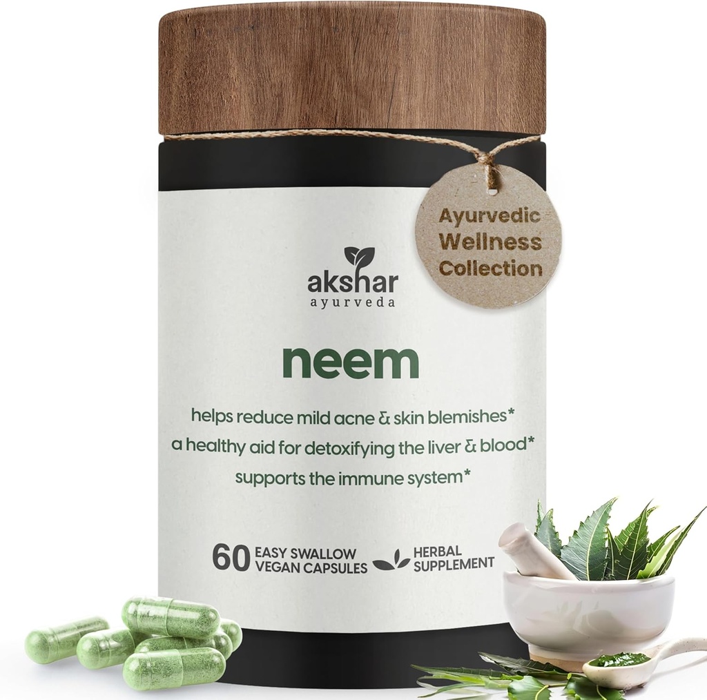 AKSHAR Ayurveda - Neem Capsules with Neem Extract and Neem Leaf Powder - Herbal Neem Supplement to Support Clear Skin Health and Detox - Vegan Cruelty-Free Neem Leaf Capsules (60 Count)