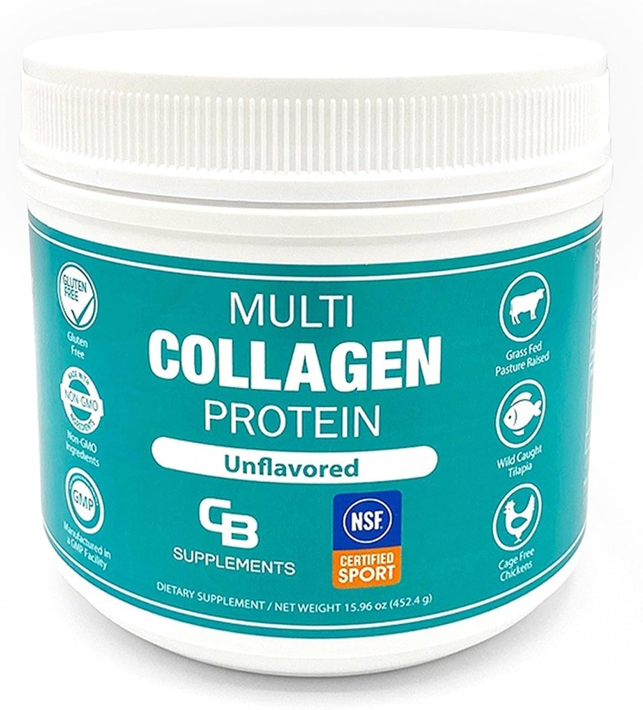 CB Suplementos NSF certificados para el Deporte Multi Collagen Protein Powder Bone, Skin, Hair, and Joint Support tención Hidrolyzed Collagen Suplementos (58 Servimientos (Pack of 1), Desflavored)