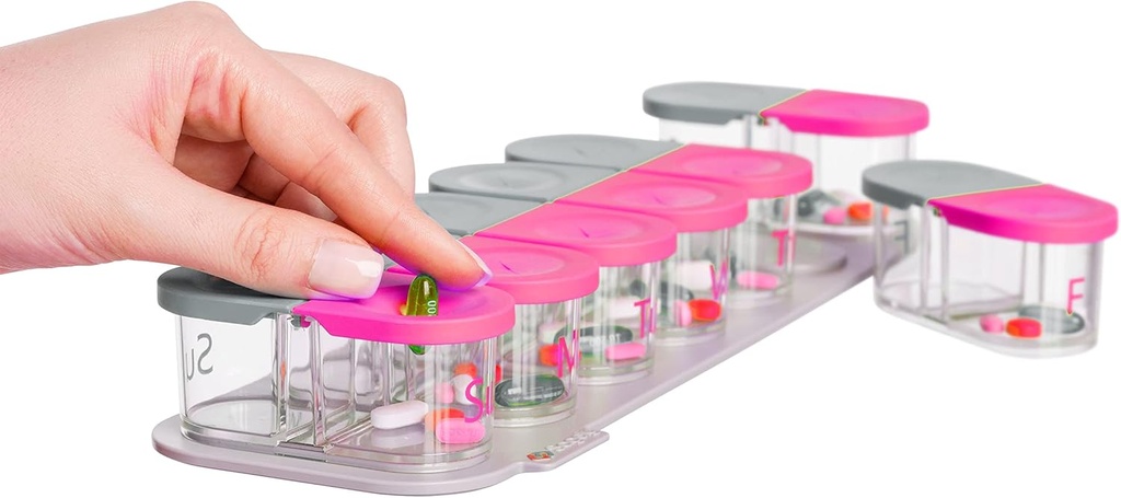 Sagely SMART XL Organizador semanal de píldoras - extra grande 7 días AM/PM Pill Box 2 veces al día con aplicación de recordatorio gratis (lanza suficiente para fijar aceite de pescado, aceite de hígado de bacalao, suplementos de vitamina D y vitaminas)(Pink/Gray)