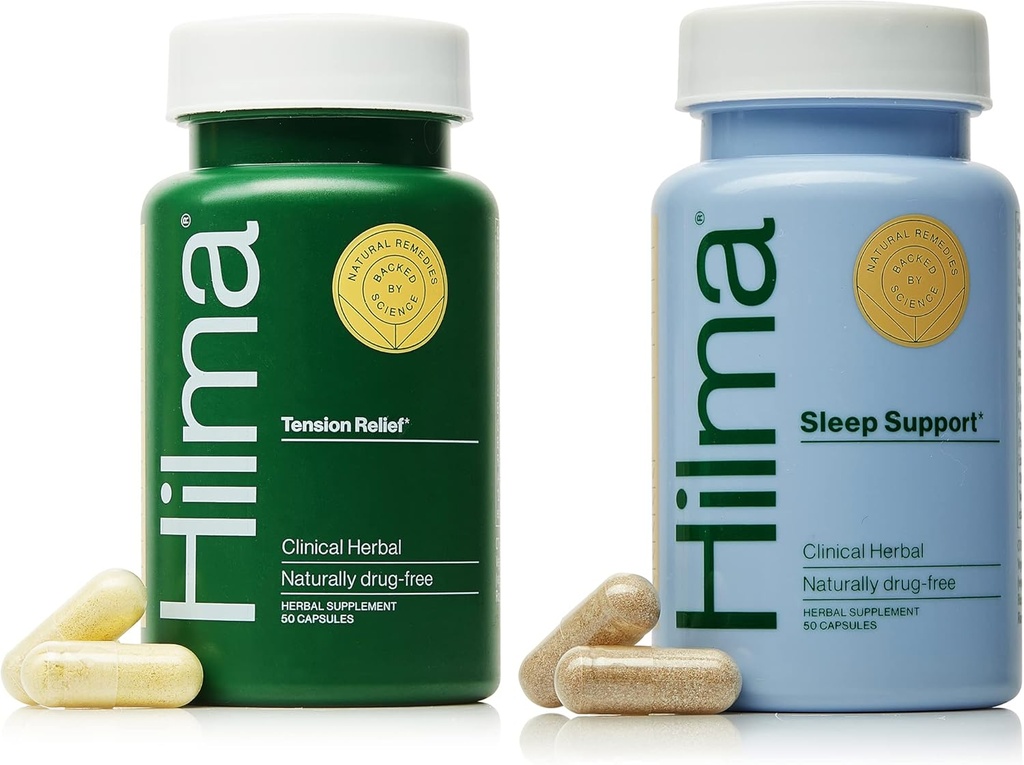 Hilma Natural Tensión Headache Relief + Suplemento de Apoyo al sueño, 50 cápsulas Vegan en cada botella