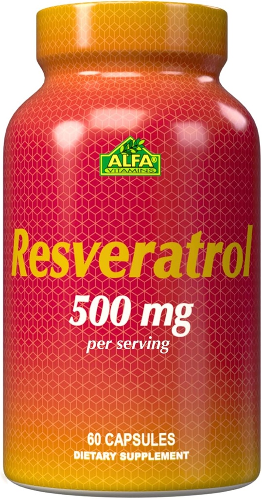 Resveratrol 1000mg por Alfa Vitaminas - Potencial Antioxidante, Ayuda a prevenir daños celulares - Apoyo Función cerebral, Salud cardiovascular, Metabolismo, efectos anti-envejecimiento - 60 cápsulas