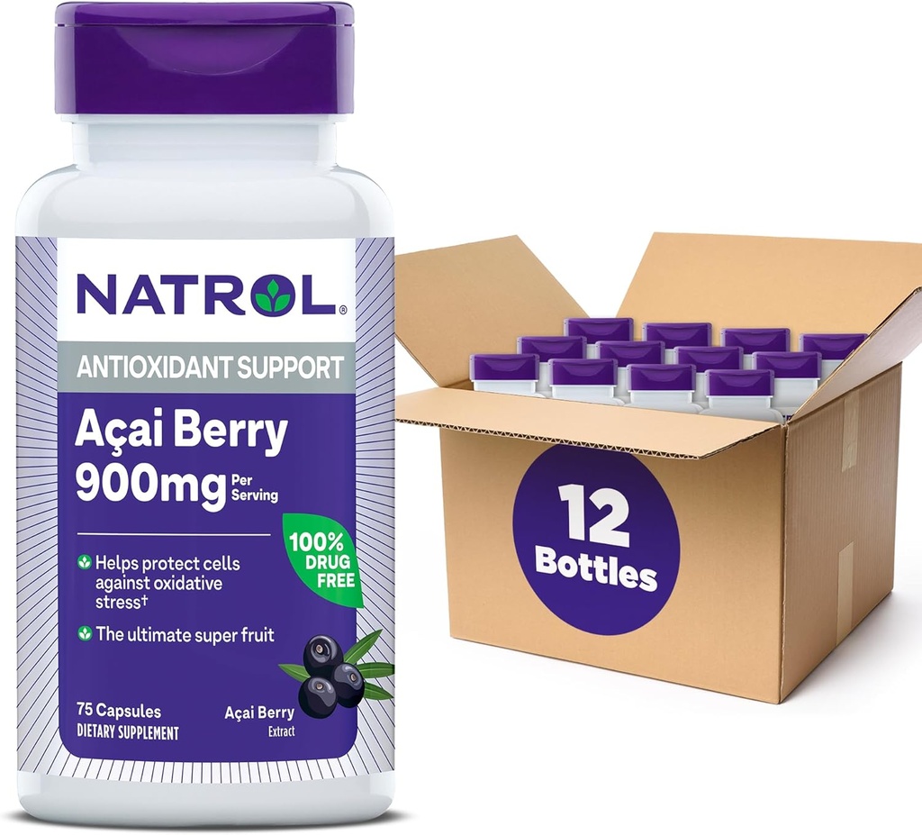 Natrol Acai Berry, Suplemento Dietario, Protección Antioxidante ' Defensa, El Último Super Fruto, 900 mg Veggie Capsules, 75 Cuenta (Pack of 12)