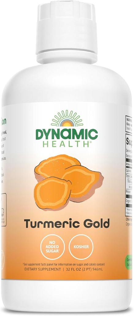 Turmérico de Salud Dinámica Oro, 100% Jugo, Suplemento Turmérico, No Aditivos, Soporte Conjunto, Antioxidante, Inflamación, Vegan, Gluten Libre, No GMO, 32 Fl Oz