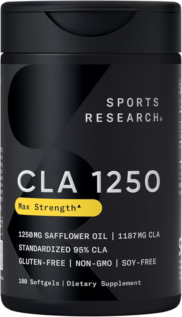 Sports Research CLA - 1250mg con ácido linoléico conjugado activo para hombres y mujeres ← No GMO, Soy &amp; Gluten Gratis - 95% (180 Softgels)...