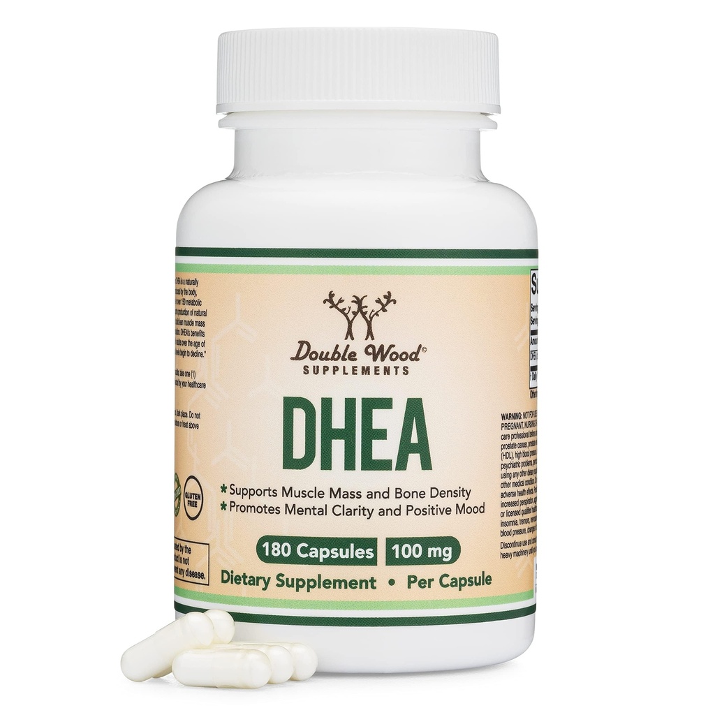 DHEA 100mg ← 180 Capsules ← Max Strength 6 Mes Fuente ← Tercera Parte Tested ← Equilibrio hormonal y envejecimiento saludable por Madera Doble