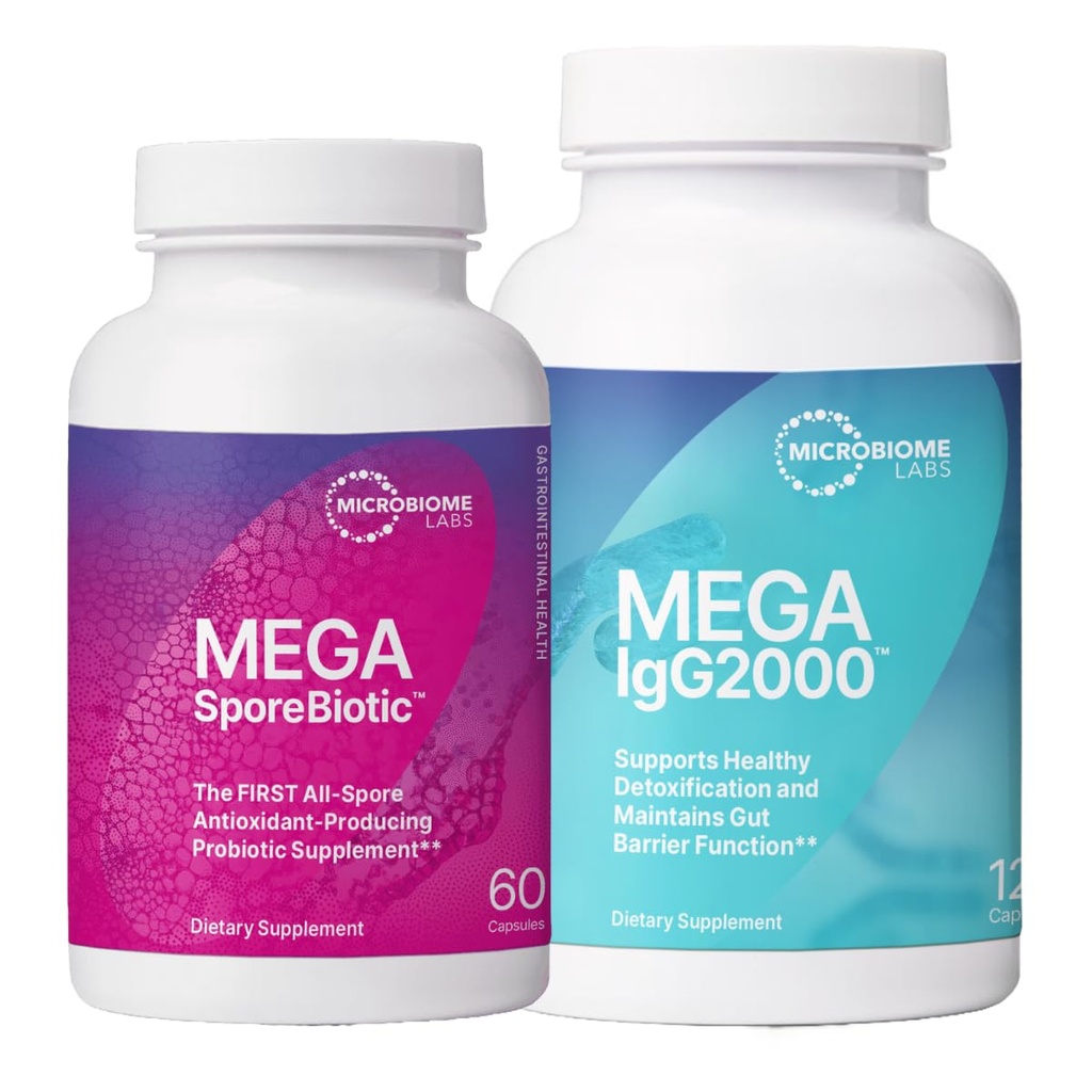 Microbiome Labs MegaSporeBiotic (60 Capsules) + MegaIgG2000 (120 cápsulas) Gut e Immune Support Bundle - Probiótico con base de Spore con concentrado de inmunoglobulina sin lácteos