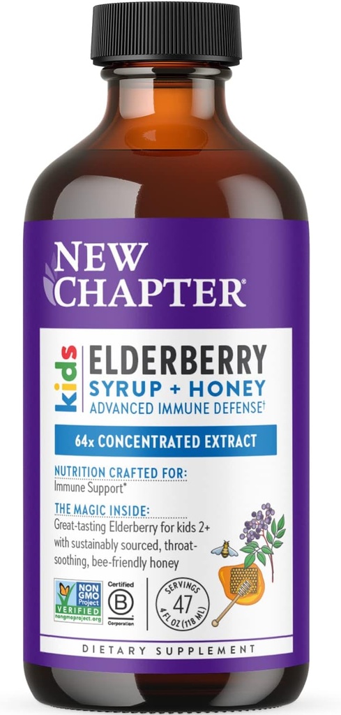 Nuevo capítulo Elderberry Kids Syrup, Advanced Immune Defense for Ages 2+, 64x Concentrated Elderberry, Sweetened with Throat-Soothing Grade A Honey, Non-GMO Project Verified, 4 Fl Ounce