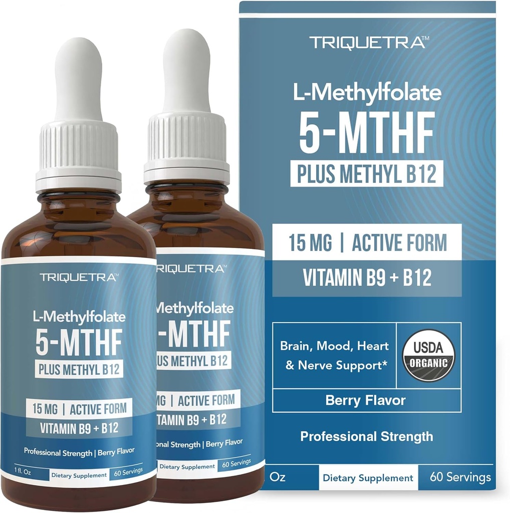 L Methyl Folate 15mg Plus Methyl B12 Cofactor – Orgánico, Berry Flavor, Fortaleza Profesional, Sublingual Líquida, Active 5-MTHF Forma - Soporta Mood, Homocysteine Methylation, Cognition (1oz -2 Pack)