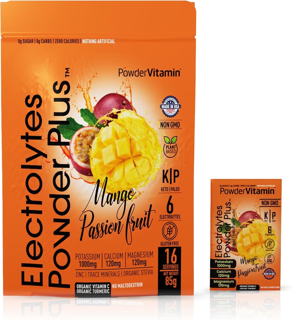 PowderVitamin Electrolytes Powder Plus, Keto, Mango Passionfruit, Sugar Free, Pink Himalayan Salt, 1000mg Potassium, 120mg Calcium, 120mg Magnesium, Non-GMO, Zero Calories, (16 Hydration Packets)