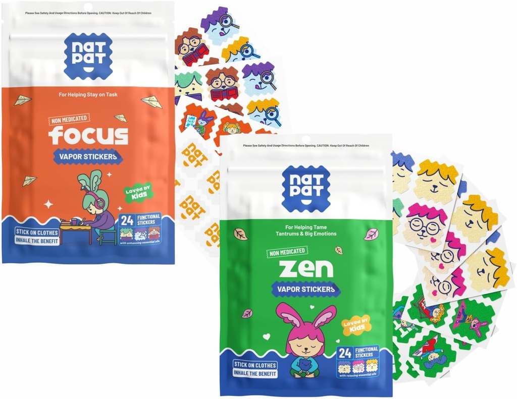 NATPAT FocusPatch (1 Pack) y ZenPatch (1 Pack) Bundle - 24 Focus Enhancing Stickers y 24 Calm Enhancing Stickers - Chemical Free, Natural Relief for Focus and Mood Support