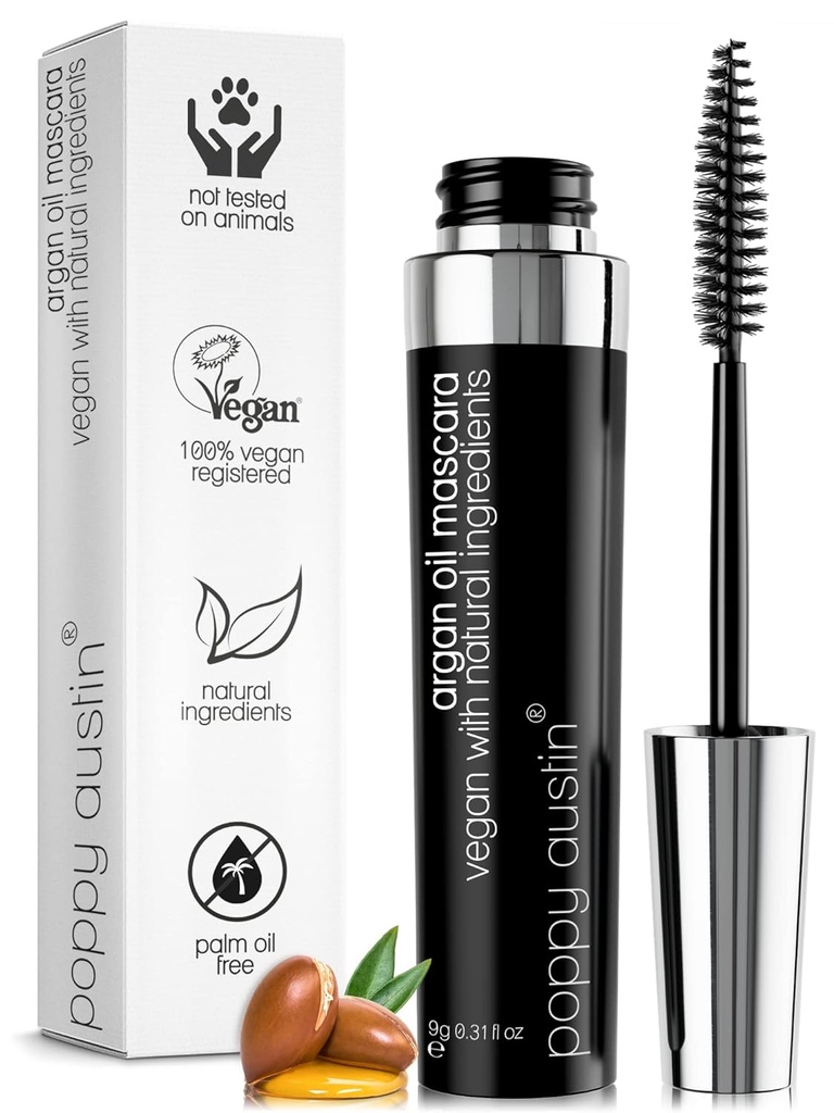 Mascara Orgánica Poppy Austin, Natural, Vegan, Paraben-Free, Cruelty-Free - Mascara Hipoalergénica Longitud " Volumizing with Argan Oil - 0.31 Fl Oz (Black)