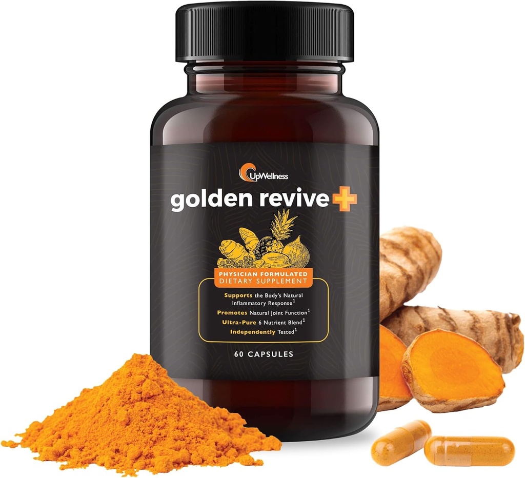 UpWellness Golden Revive + Joint Support Suplemento Destacando Turmeric con Black Pepper, Quercetin y Magnesium- Turmeric Boswellia Suplemento - 6 Active Ingredients for Joint Care - 60 Capsules