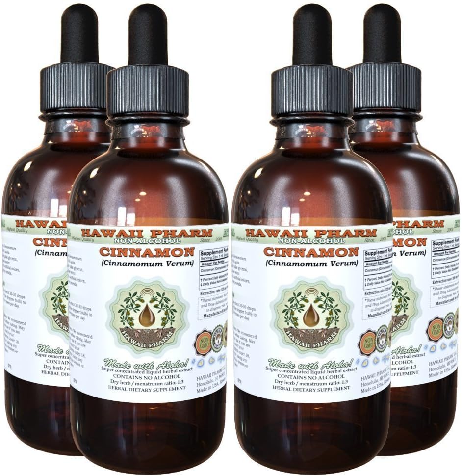 Extracto líquido libre de alcohol de canela, canela (Cinnamomum Verum) Barco seco Glycerite Hawaii Pharm Natural Herbal Suplemento 4x4 oz