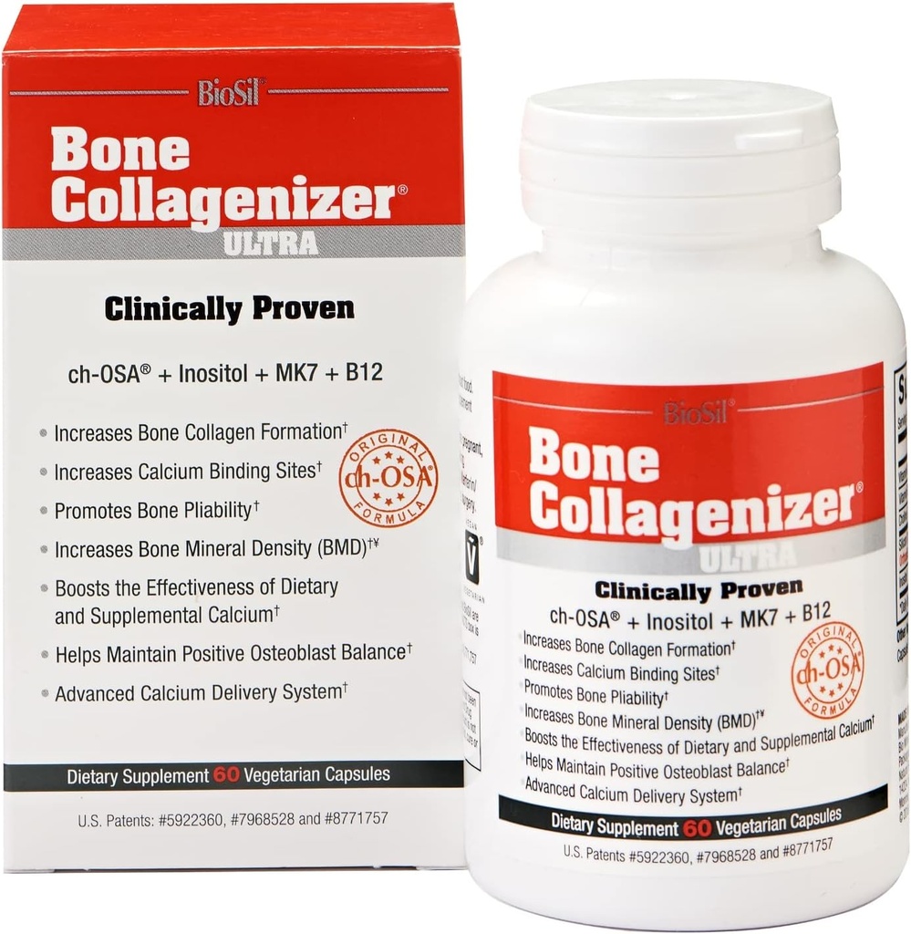 Biosil Bone Collagenizer Ultra - 60 Veggie Capsules - con Patented ch-OSA Complex + Choline, Inositol, MK7 &amp; Vitamin B12 - GMO Free - 30-Day Supply