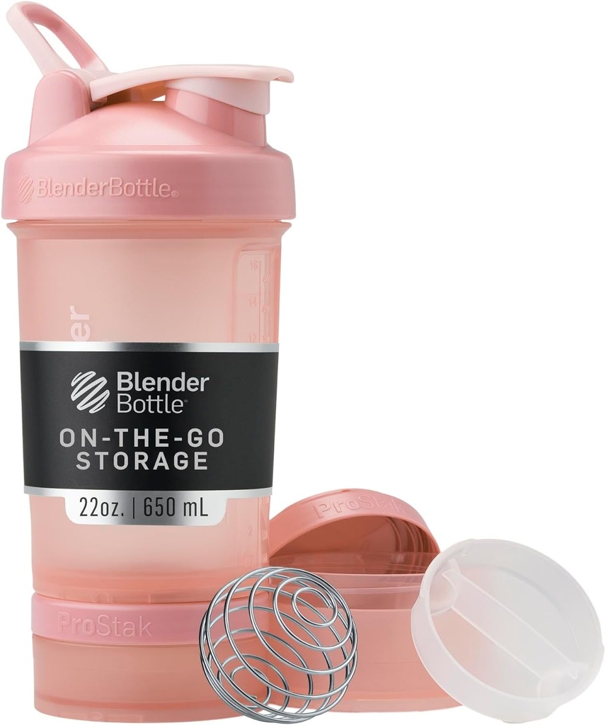 BlenderBottle Shaker Botella con Organizador de Píldoras y Almacenamiento para Protein Powder, Classic V2 ProStak System, 22-Once, Rose Pink