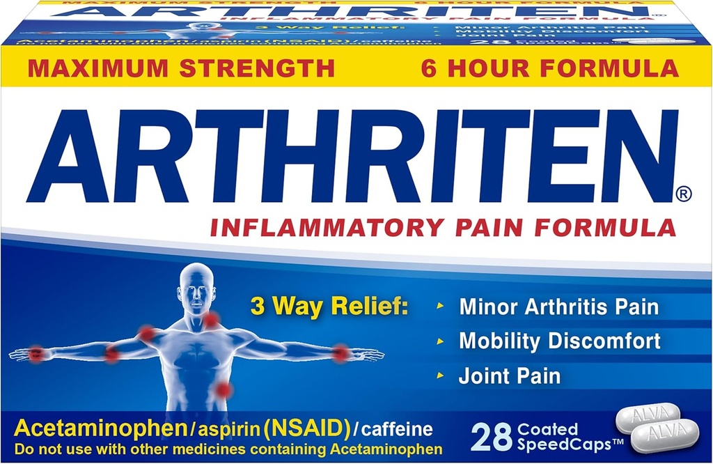 Fórmulas de Dolor Inflamatorio con 3 Ingredientes Activos: Aspirina, Acetaminofeno &amp; Caffeine, Blanco, 28 Cuenta (Pack of 1)