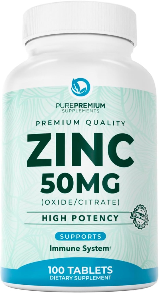 PuroPremium Natural Zinc 50mg Suplementos para Hombres/Mujeres - GMP-Certified High Potency Vitamin Zinc Citrate/Oxido para Adultos, Immune Antioxidante, Energy Support - 100 Tablets