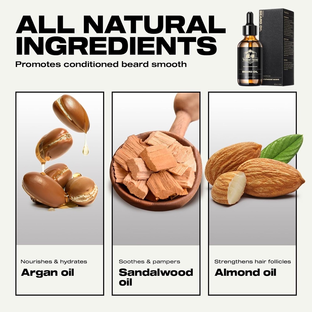 Aceite de barba del bosque de ola - Aceite de barba para hombres barba con vitamina E, Rosemary, aceite de mostaza del castor para hombres negros, suaviza &amp; fortalece aceite de cuidado de barba (Sandalwood, 1oz)