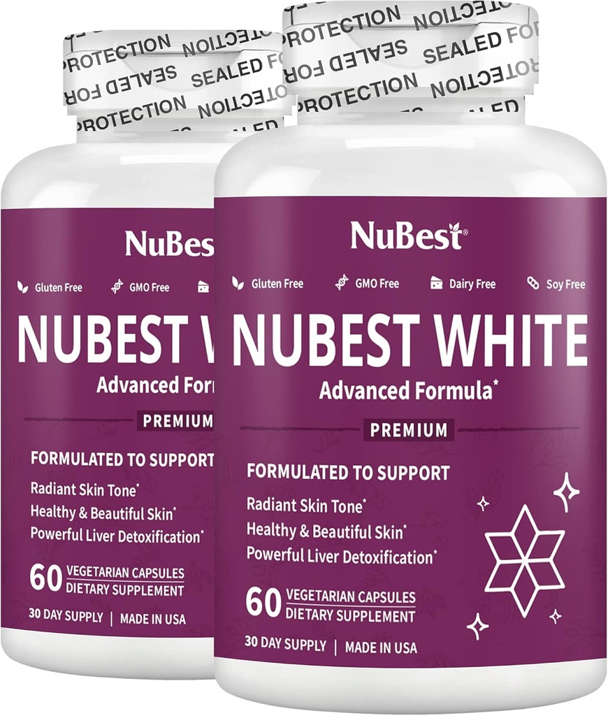 NuBest White - Suplemento de blanqueamiento de piel, Suplemento para el envejecimiento con Glutathione, Vitamina C, E, B2, Extracto de esteto de leche, Extracto de té verde para el encendedor y el encendedor Ø Pack 2