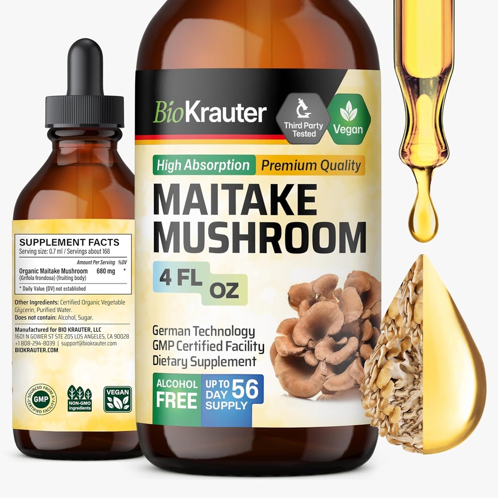 BIO KRAUTER Maitake Mushroom Extract - Maitake Liquid Supplement for Immune Support - 680 mg por Serving - Vegan, Alcohol &amp; Sugar Free Drops 4 Fl.Oz.