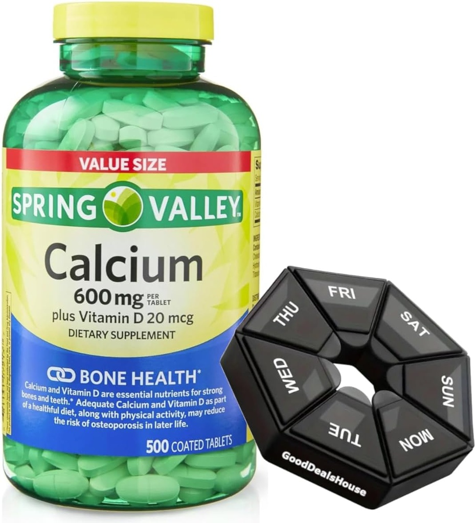 Primavera - Valle Calcio 600 mg + Vitamina D 20 mcg - 500 Cuenta con organizador semanal GoodDealsHouse - Bone Health Dietary Suplemento Tablets