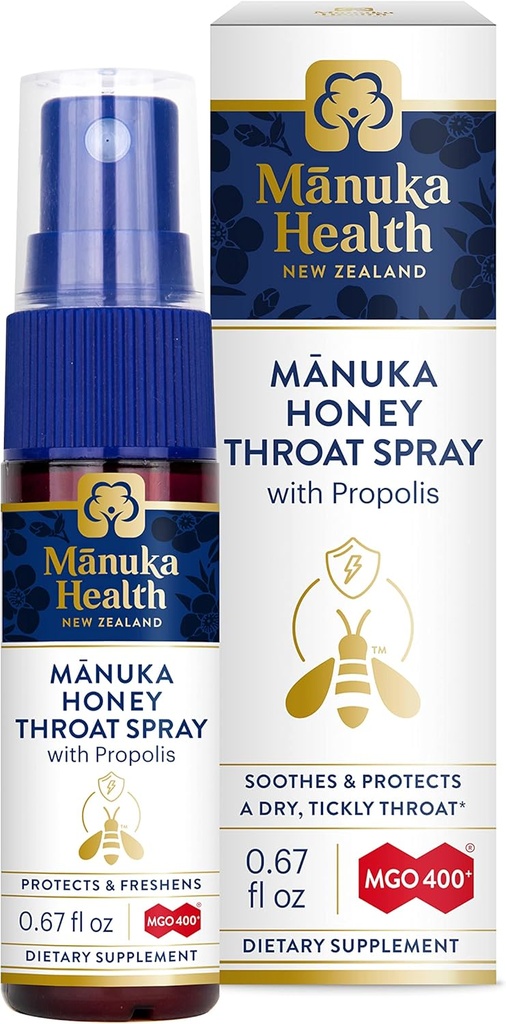 MANUKA HEALTH, Manuka Honey Throat Spray con Propolis .67 fl oz, Protects & Freshens, MGO 400+, BIO30 Nueva Zelanda Propolis