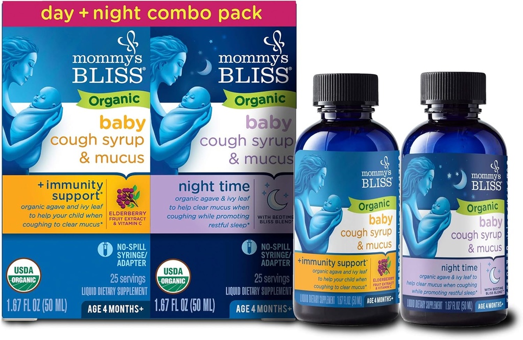 Mami's Bliss Organic Baby Cough Syrup & Mucus Relief, Day and Night Combo Pack, Contains Organic Agave and Ivy Leaf, For Ages 4 Months+, 1.67 Fl Oz (Pack of 2)