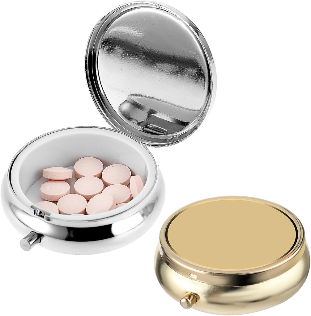 2Pcs Caja de Píldora Funda de Píldora pequeña para púrpura o bolsillo, Contenedor de Píldora portátil Caja de Píldora de Metal Medicina Decorativa, Vitamina, Aceite de Pesca y Suplementos Organizador de Holder (Silver ventaja)