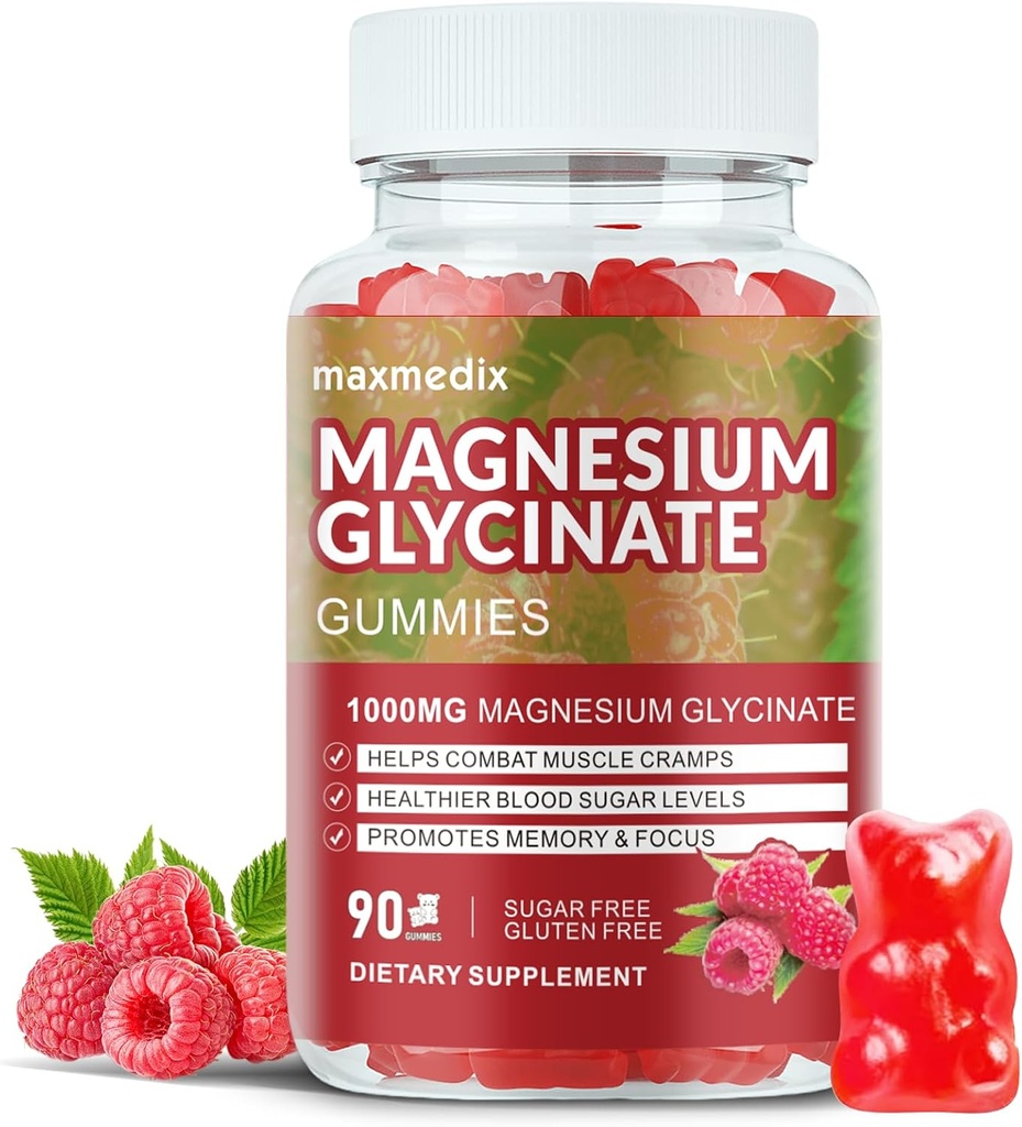 Magnesio Glycinate Gummies 1000mg, Azúcar suplementos de potasio libre de magnesio Chewable para adultos con L-Threonate para el sueño, el apoyo corporal y la relajación,90 Raspberry Gummies