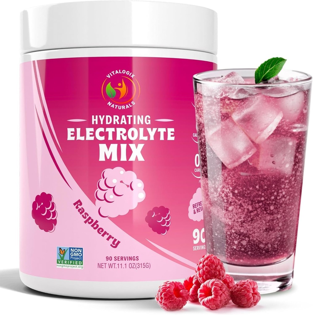 Electrolyte Powder – Raspberry Flavor ← Sugar-Free Hydration Drink Mix with 6 Electrolytes for Energy, Cramp Relief & Recovery ← Keto, Vegan, Fasting Friendly ← Magnesium, Potassium tención 90 Servings