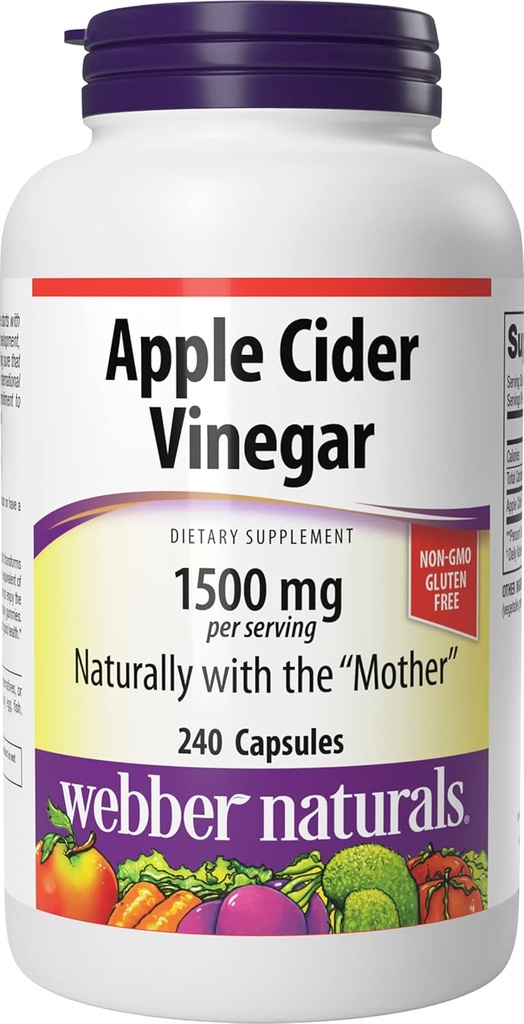 Naturales de la sidra Apple cápsulas de vinagre con la madre, 1500 mg por servidumbre, alta potencia, 240 cápsulas, apoyo a la digestión natural, azúcar, lácteos