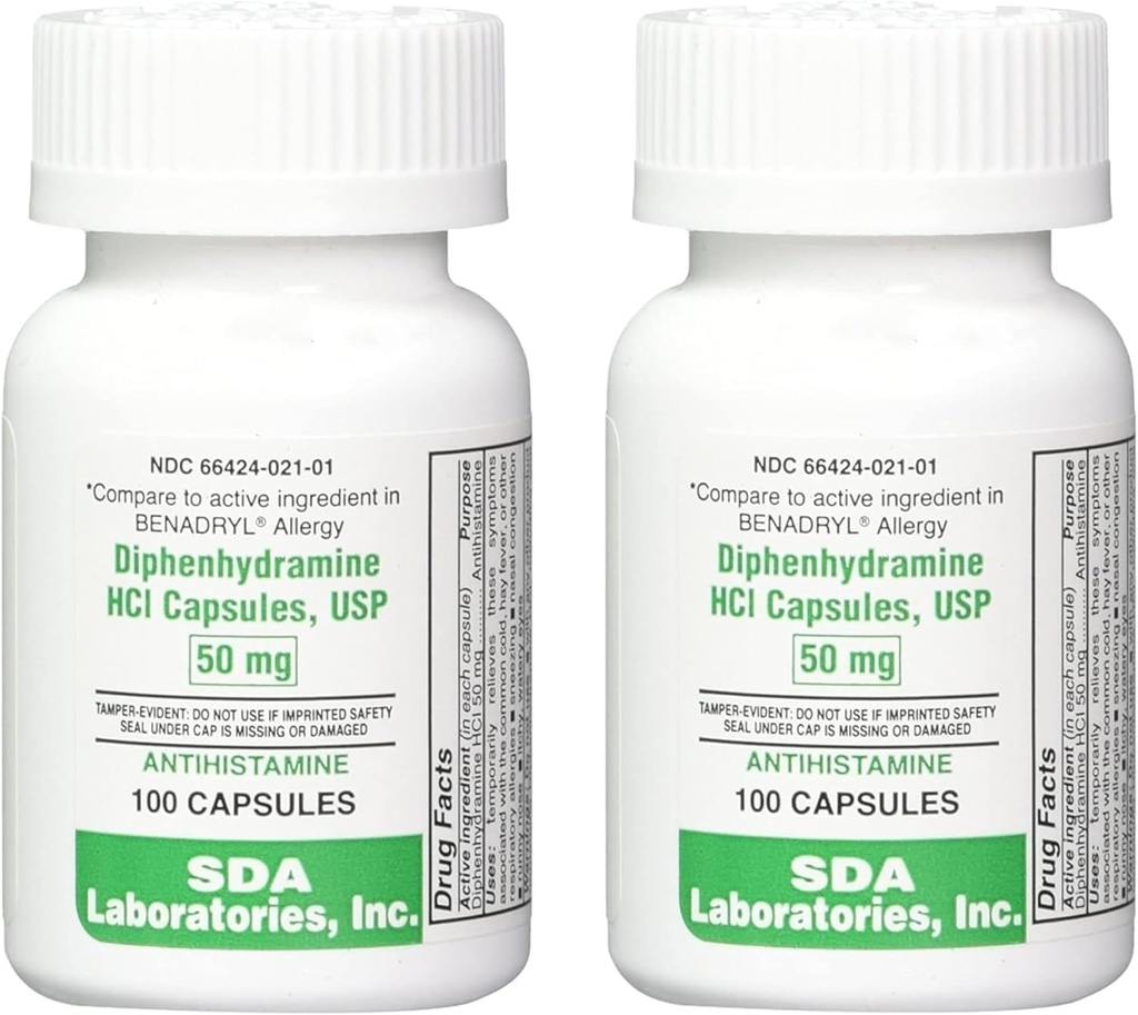 SDA LABORATORIES Diphenhydramine 50mg, Alivio de la Alergia, Capsules Antihistamínicos, Fórmula de acción rápida para el estornudo, Runny Nose & Itchy Eyes – 100 Conde (2 Pack)
