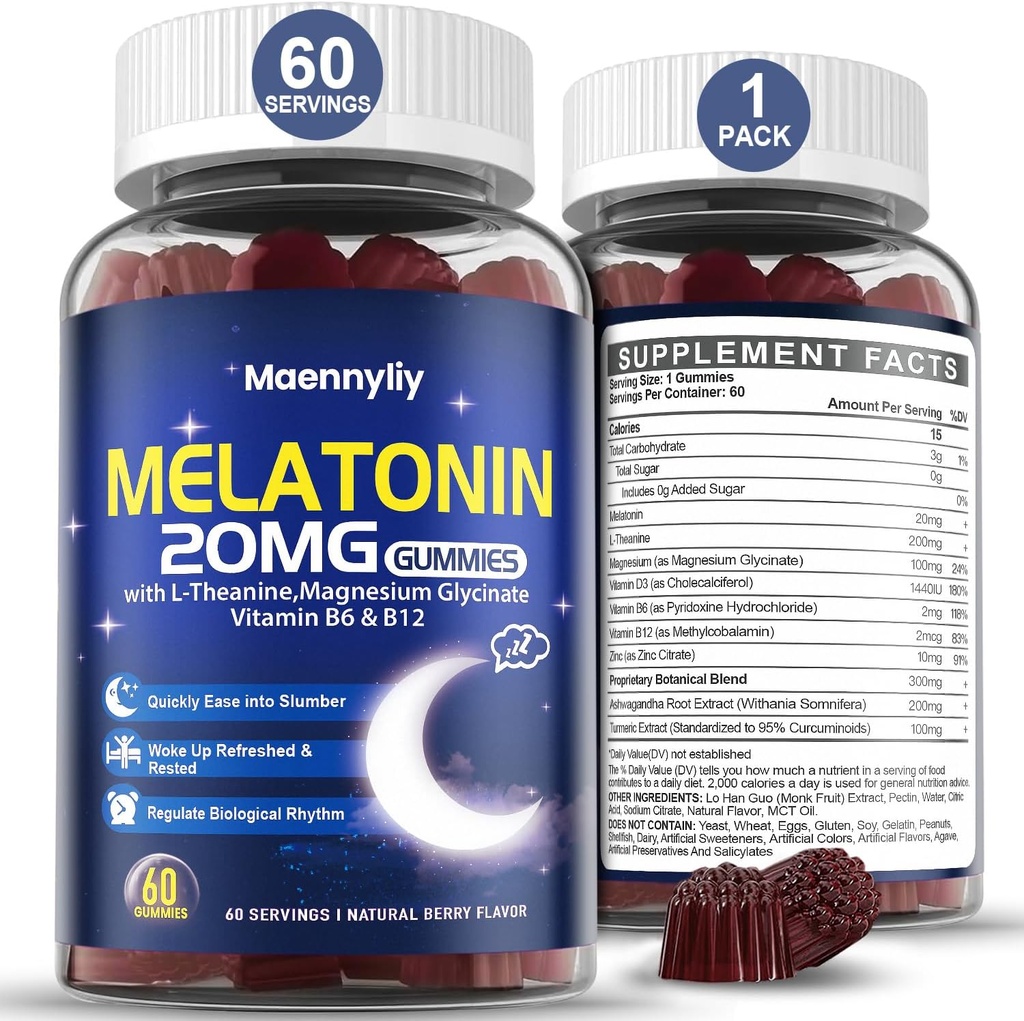 Melatonina 20mg Gummies for Adults - Azúcar Melatonina Gummies Extra Strength with L-Theanine, Magnesium, Ashwagandha, Turmeric, D3 " Zinc - Non-Habit Forming
