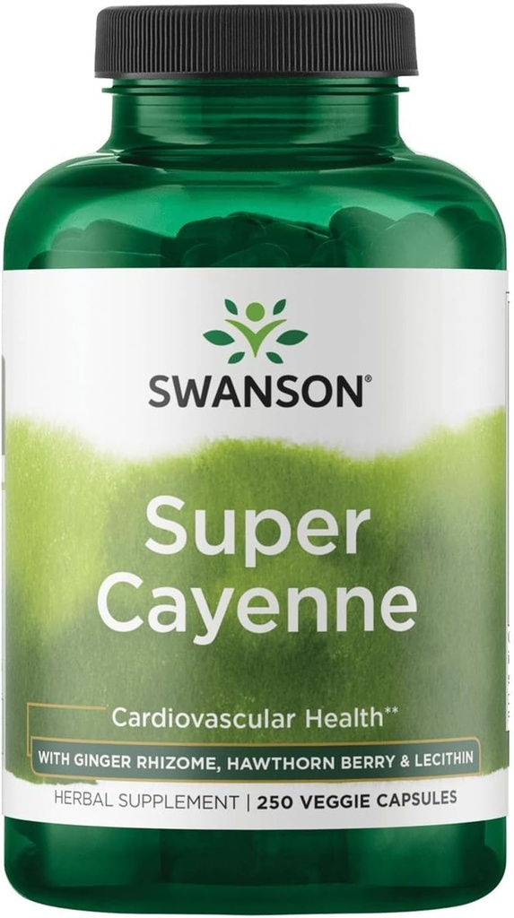 Swanson Super Cayenne - Suplemento Herbal Promoción de la salud del corazón, Circulación " Flujo de sangre - Fórmula natural w/Ginger Rhizome, Hawthorne Berry " Lecithin - (250 cápsulas vegetales)